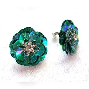 Emerald Green and Rhinestone Sequin Flower Stud Earrings / Clip-on
